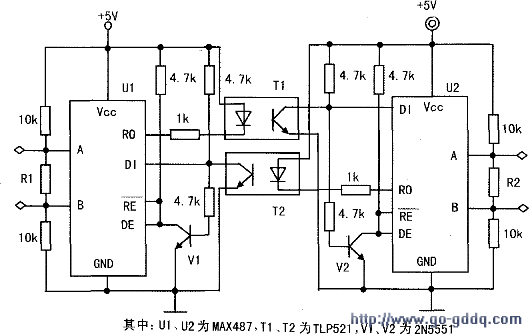 采用MAx487,光耦TLP521组成的RS485中继器电路