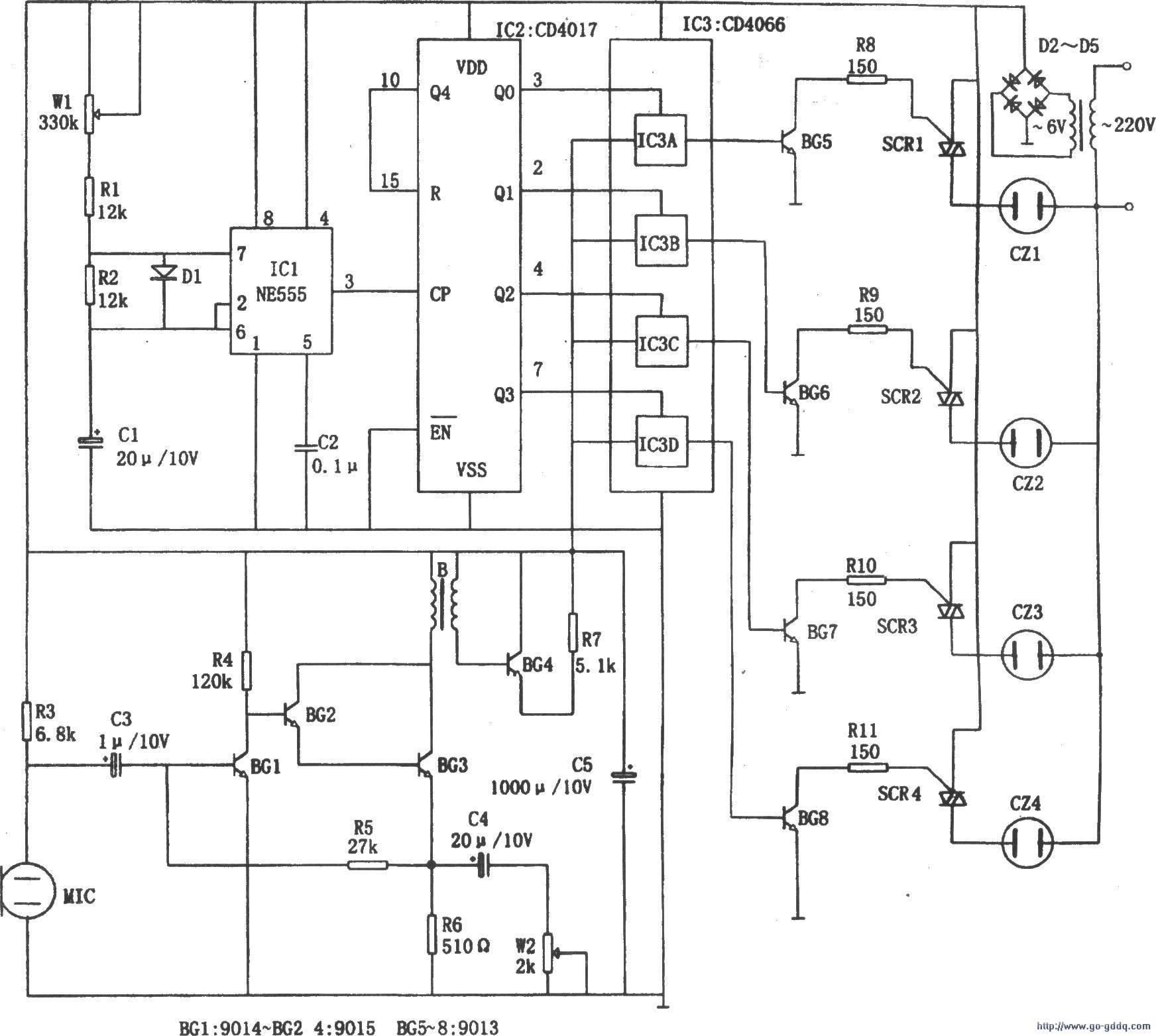 音乐彩灯控制器(NE555、CD4066、CD4017)