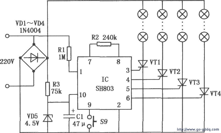 SH803构成的彩灯控制电路