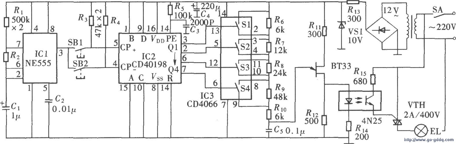 十六级调光台灯电路(NE555、CD40198)