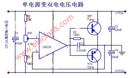 lm358组成的40v转正负15v变换器电路图-通信电源电路图-电子产品世界