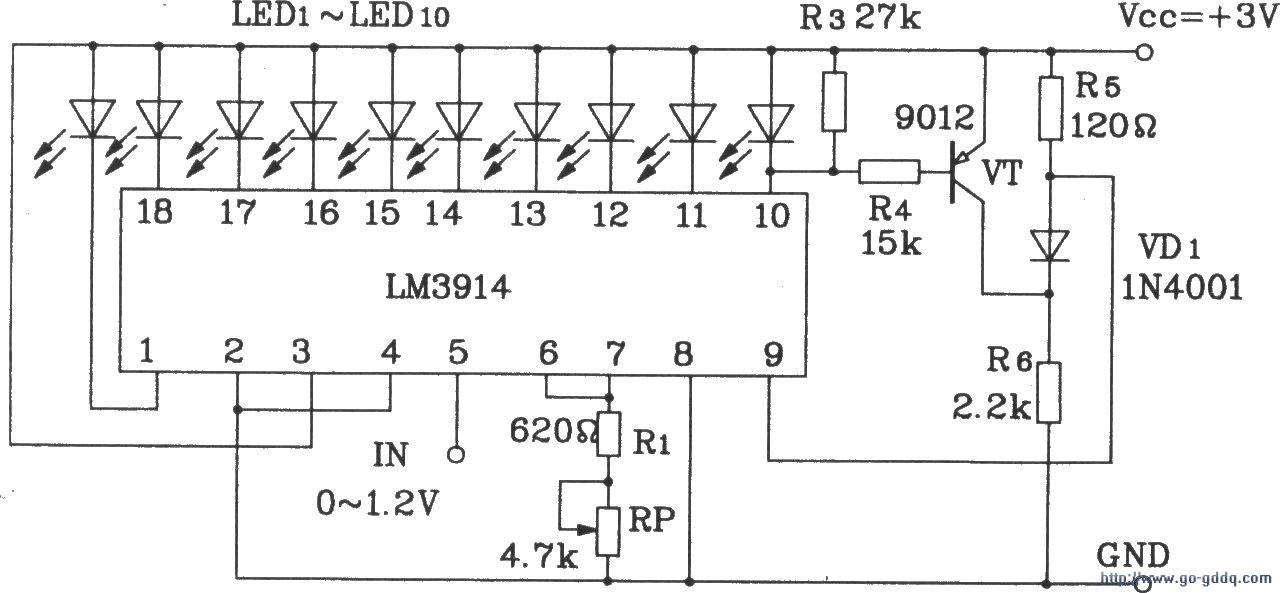 用LM3914构成点显示、线溢出的LED显示电路