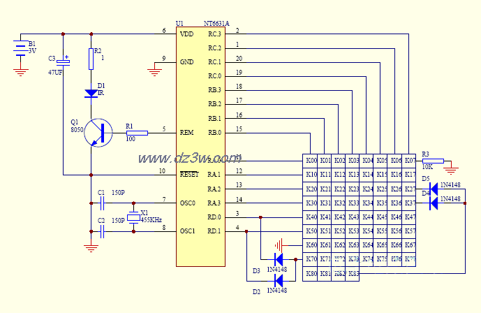 多编码单片摇控器NT6631应用电路图