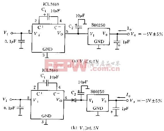 ICL7660与S80250构成极性反转电路图