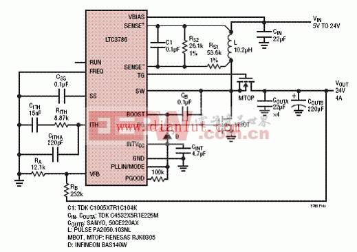 LTC3786高效24V采用电感DCR电流检测的升压转换器电路