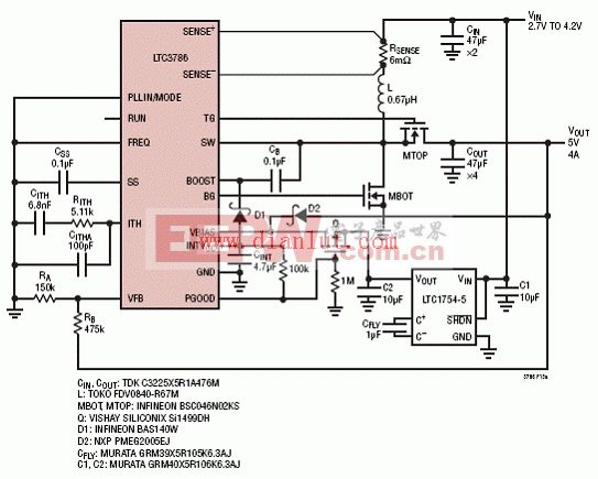 LTC3786低IQ锂离子5V/4A升压转换器电路