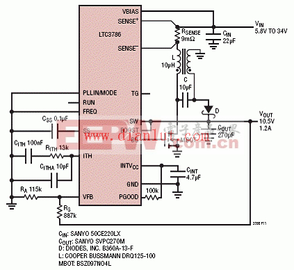 LTC3786高效10.5V非同步SEPIC转换器电路