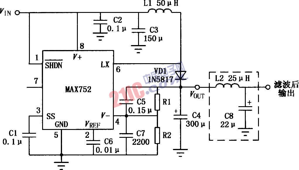 MAX752设计的升压开关DC-DC变换器电路
