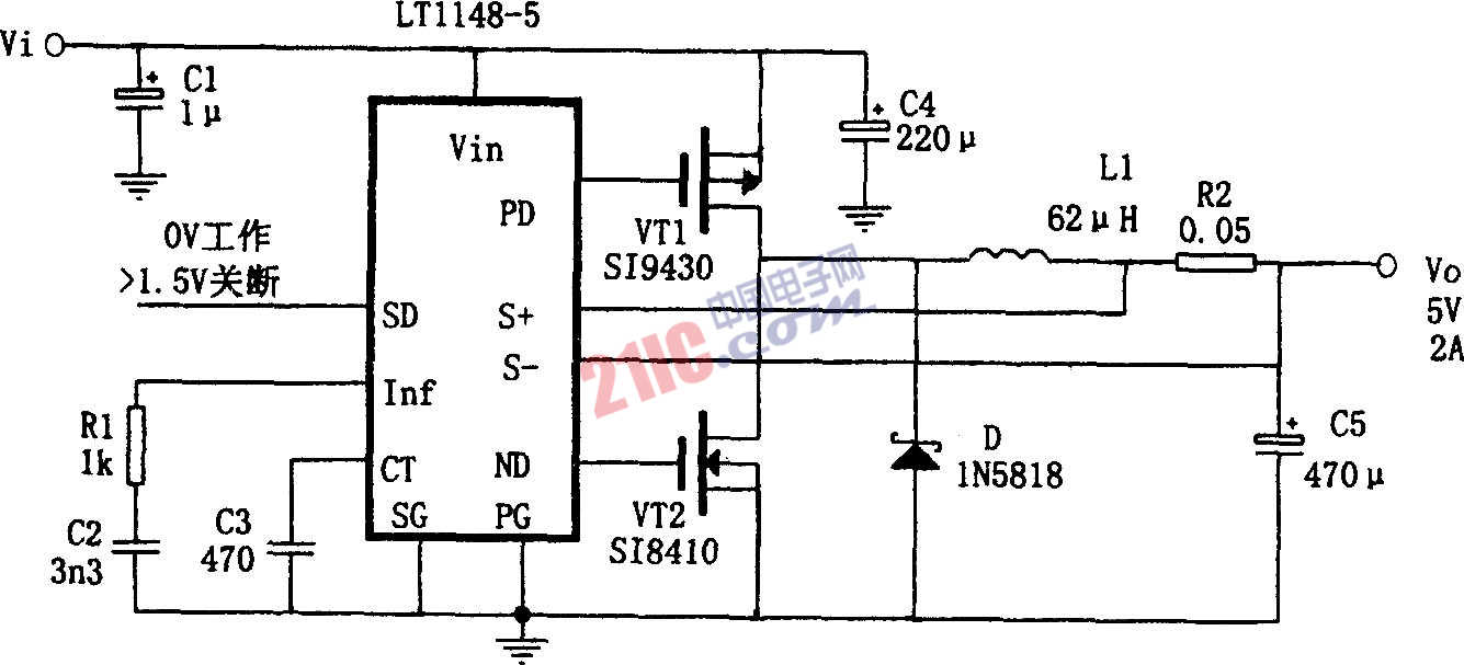 LT1148-5构成的2A降压直流变换电源电路