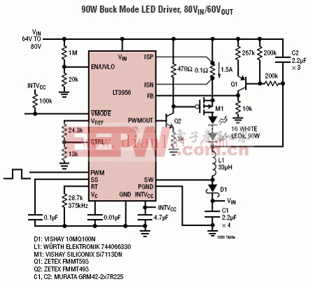 LT3956降压模式90W LED驱动电路图