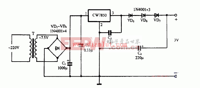 CW7805设计的3V输出稳压电源电路