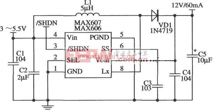 MAX606/MAX607构成12V输出的应用电路