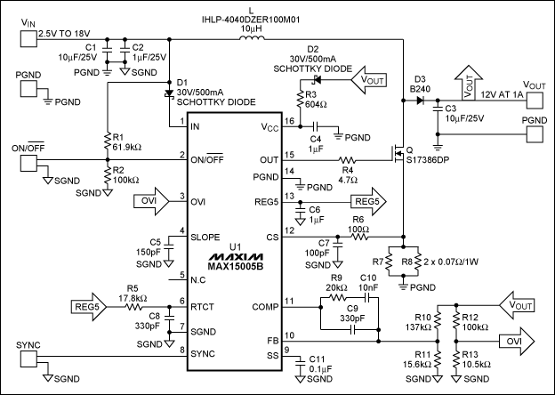 Figure 1. Schematic of the MAX15005B boost converter for FSW = 200kHz.