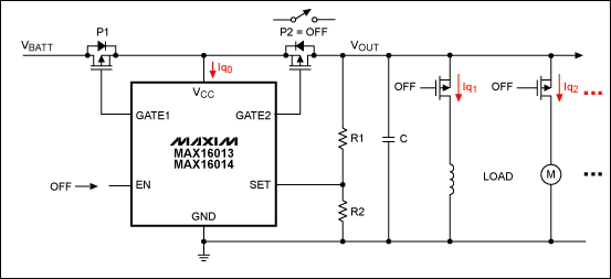 Figure 9. The MAX1613/MAX16014 are used as the main switch to reduce quiescent current consumption if an ECU is in OFF mode.