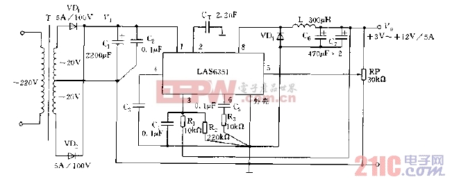 采用LAS6351构成的可调开关稳压电源电路图.jpg