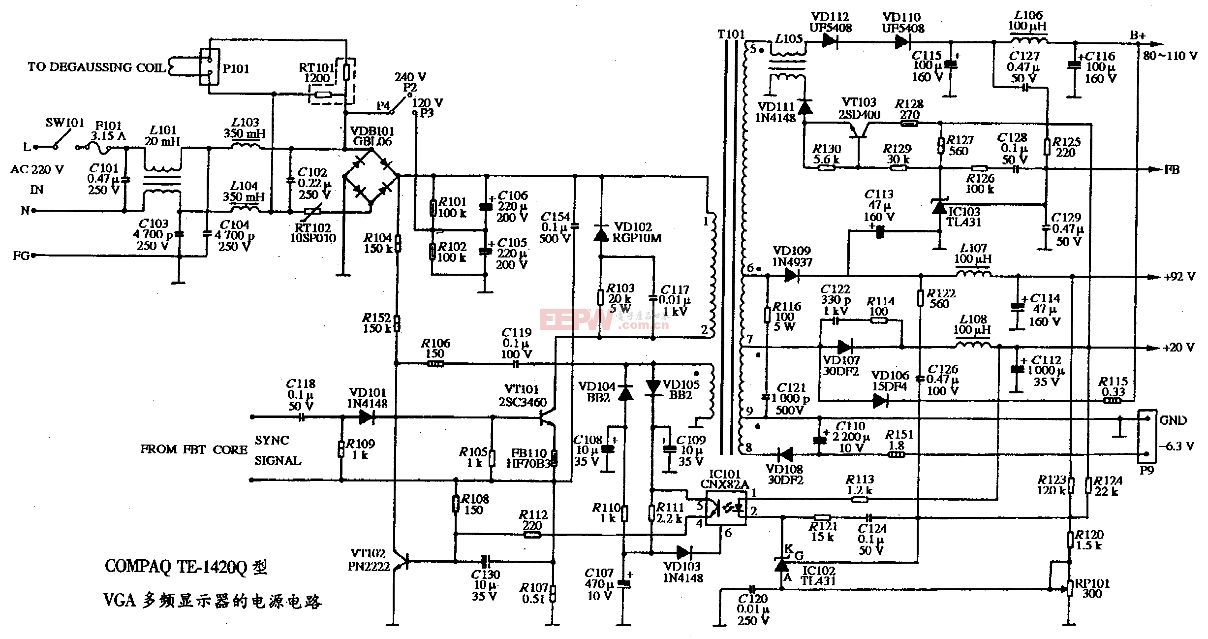 30、COMPAQ TE-1420Q型VGA多頻顯示器的電源電路圖