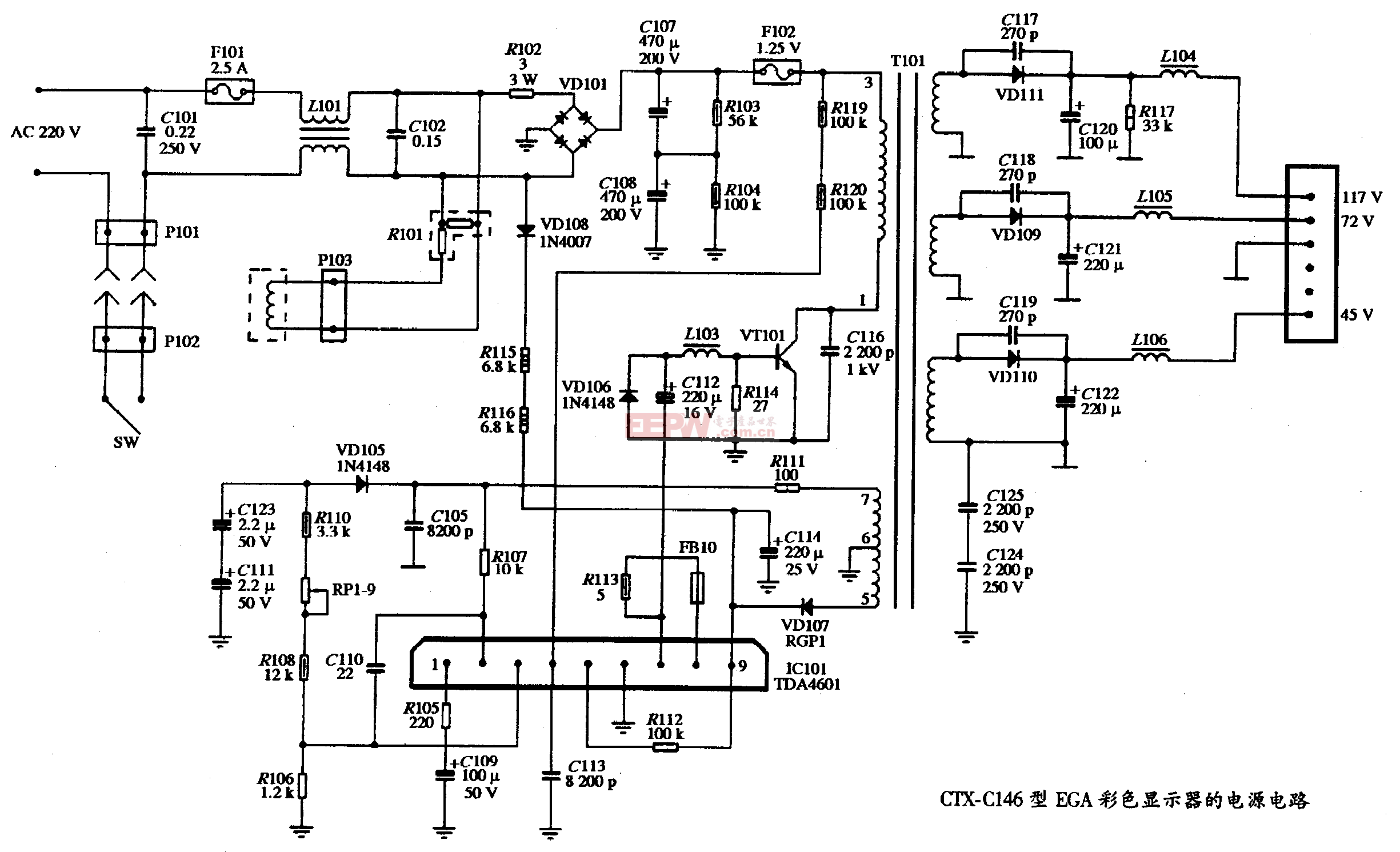 34、CTX-C146型EGA彩色顯示器的電源電路圖