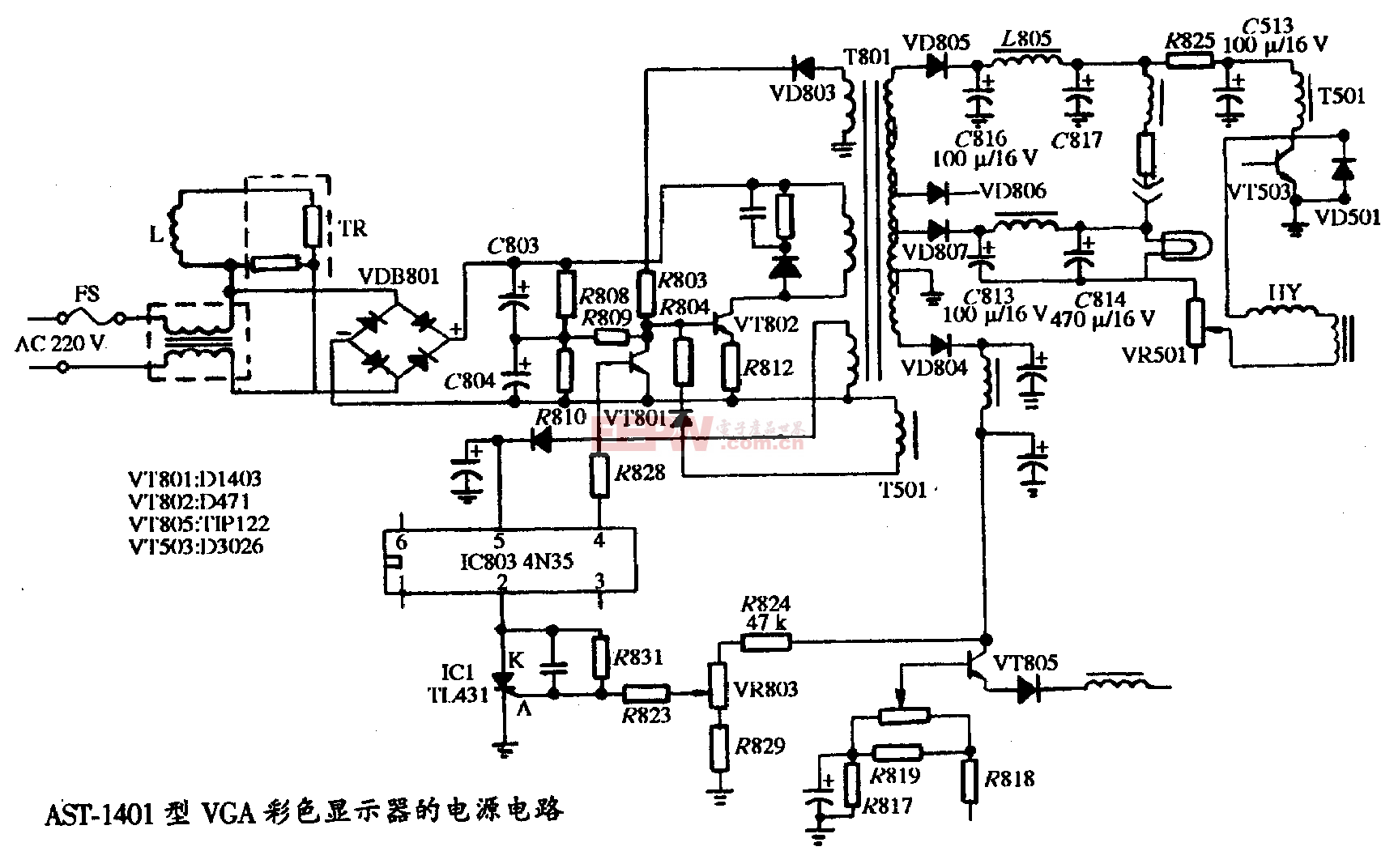19、AST-1401型VGA彩色显示器的电源电路图