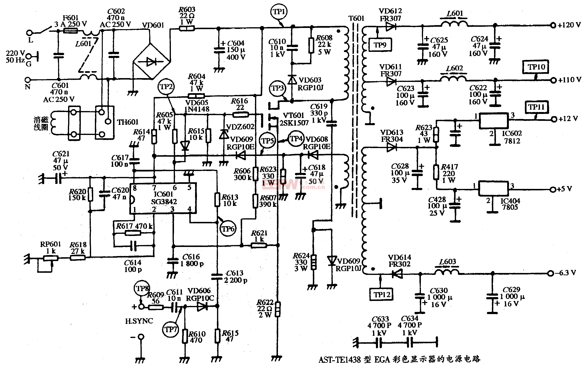 17、AST-TE1438型EGA彩色显示器的电源电路图