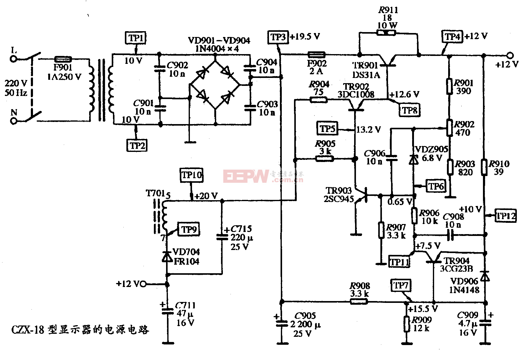 37、CZX-18型显示器的电源电路图