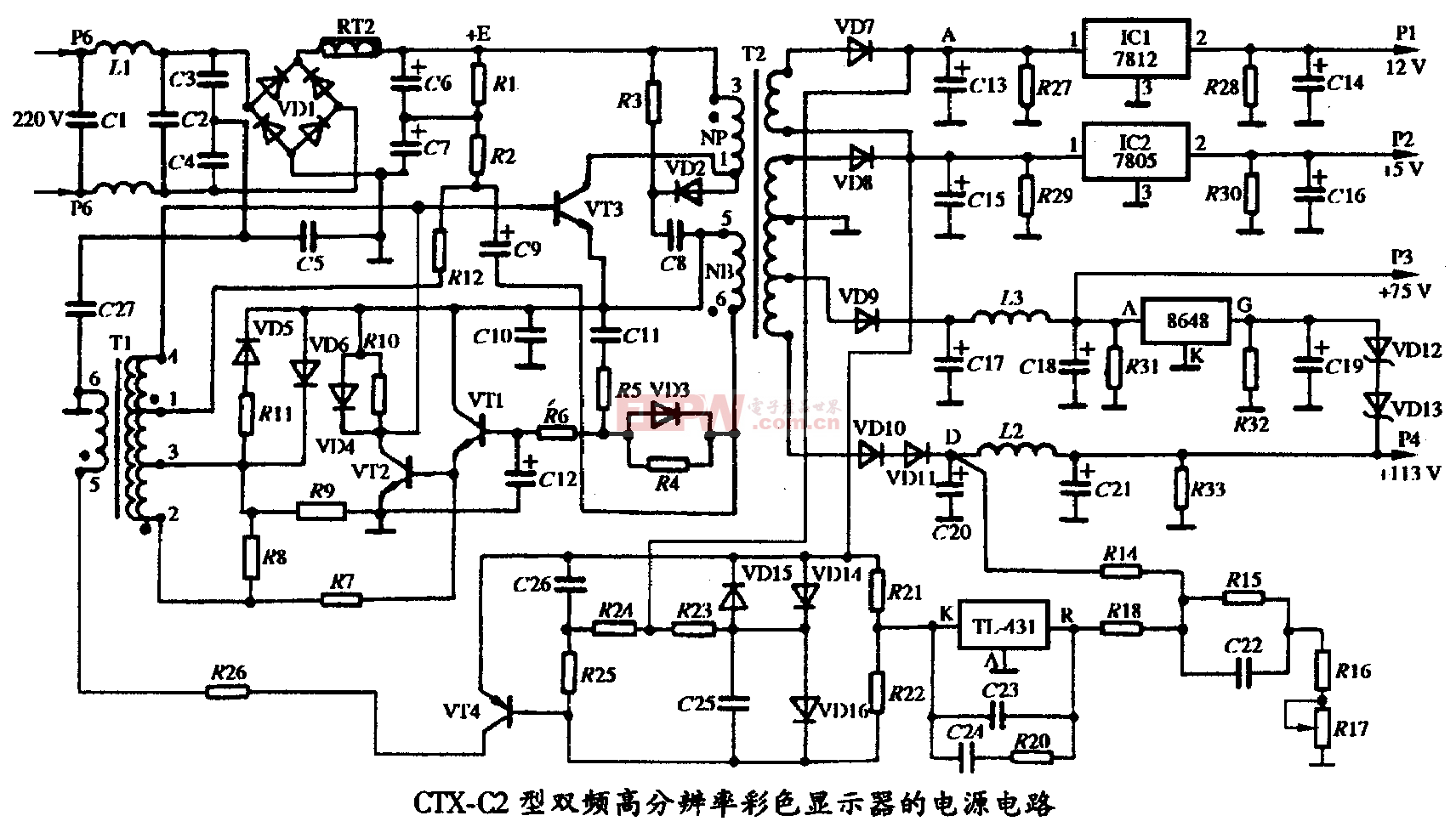 32、CTX C2型双频高分辨率彩色显示器的电源电路图