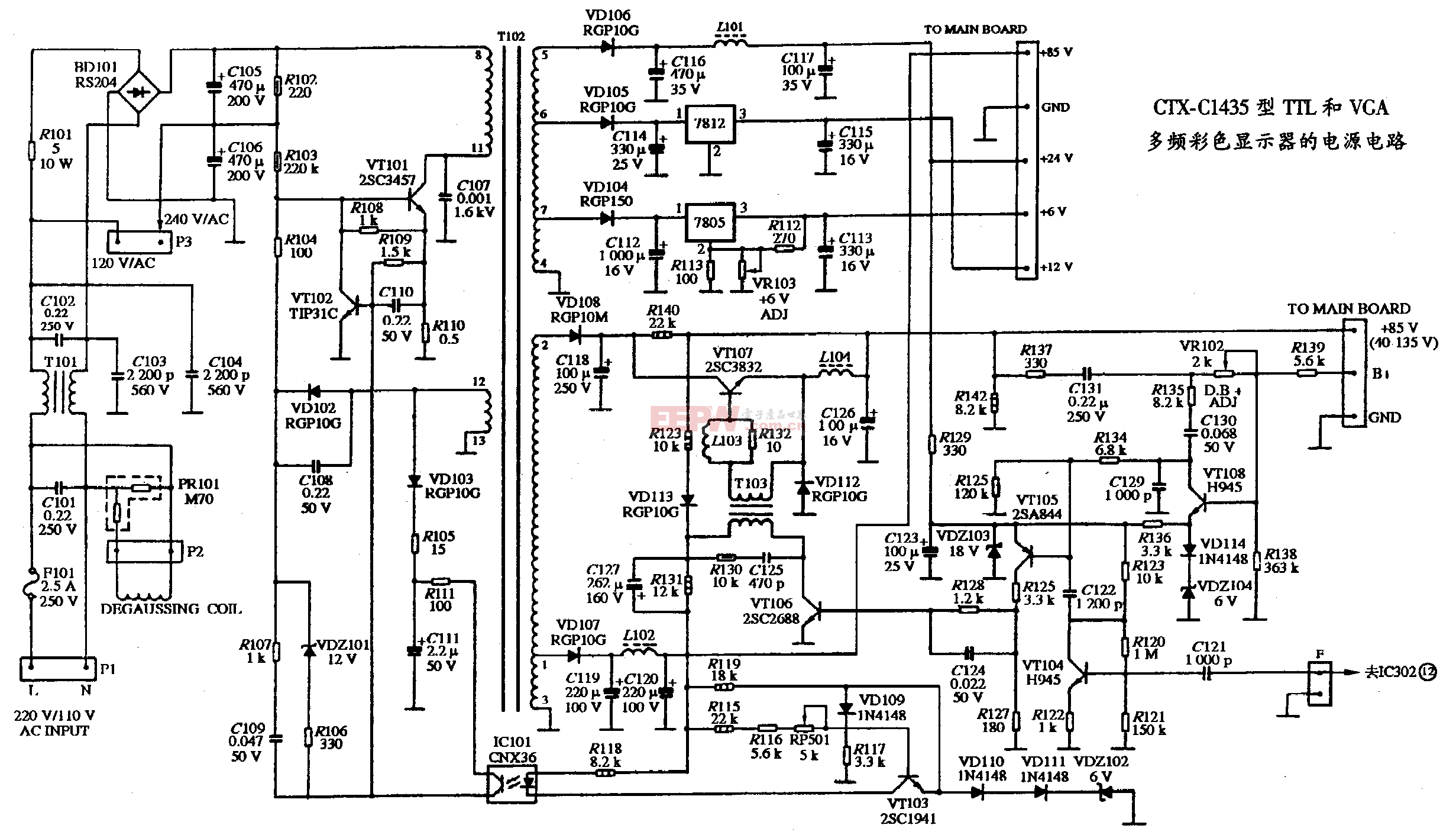 35、CTX-C1435型TTL和VGA多頻彩色顯示器的電源電路圖