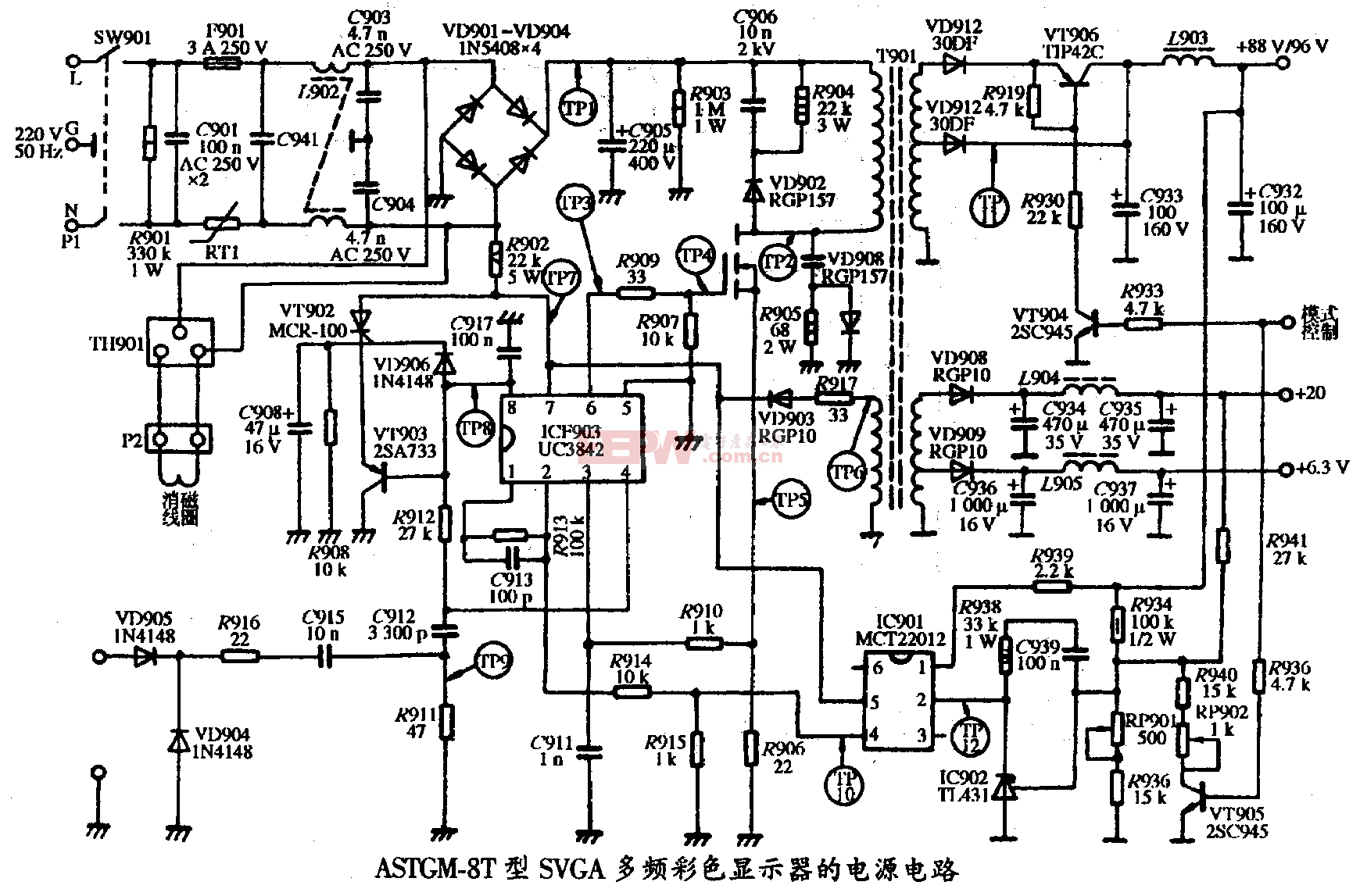 12、AST GM-8T型SVGA彩色顯示器的電源電路圖