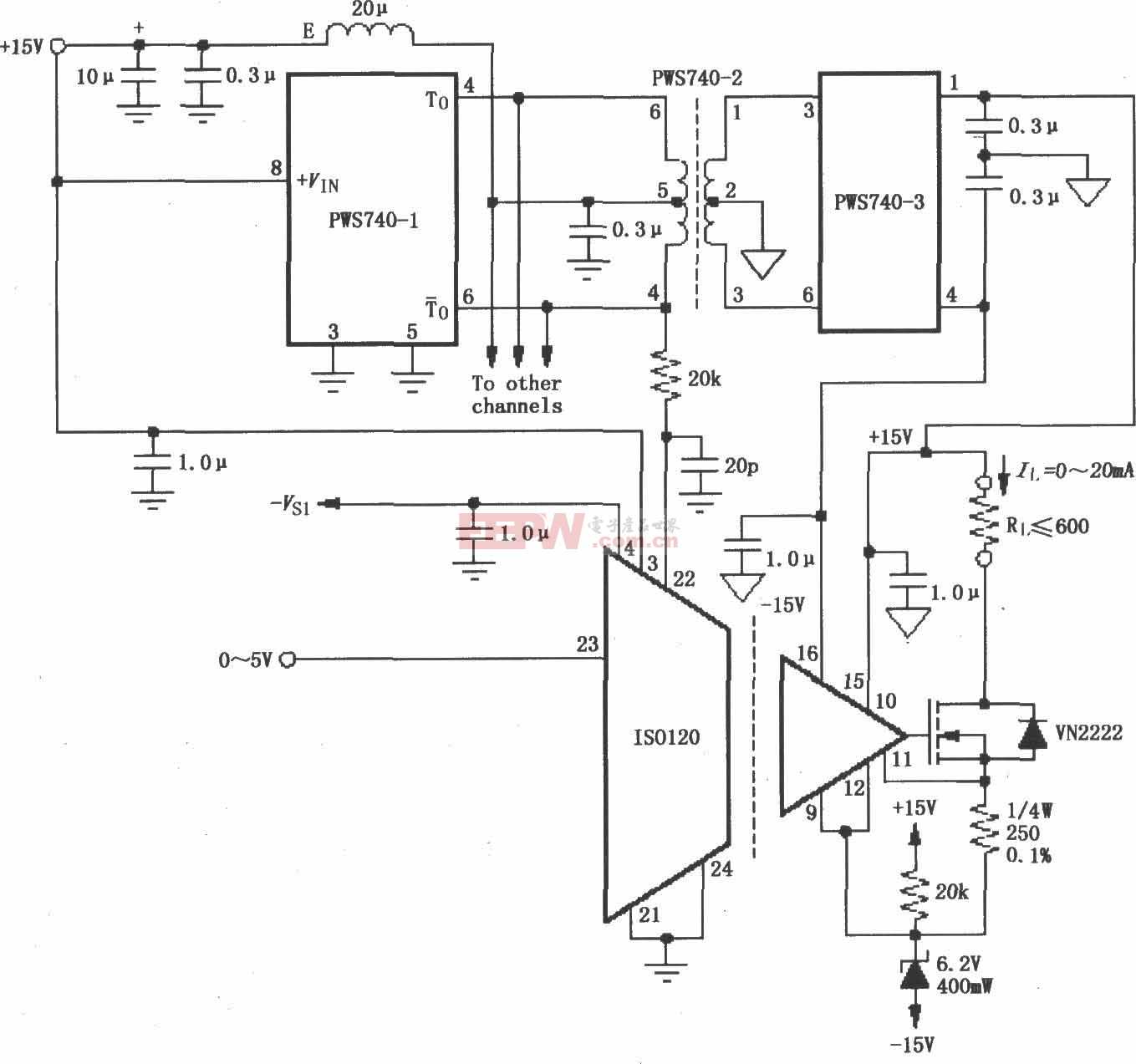 ISO120与PWS740构成的八通道隔离式0～20mA电流环电路图