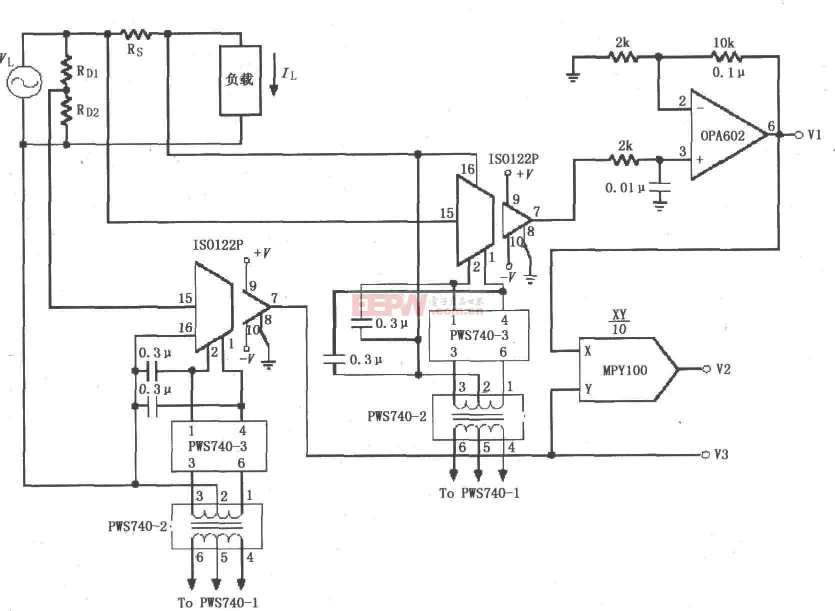 隔离式电源线监控电路图(ISO122P/124、OPA602)