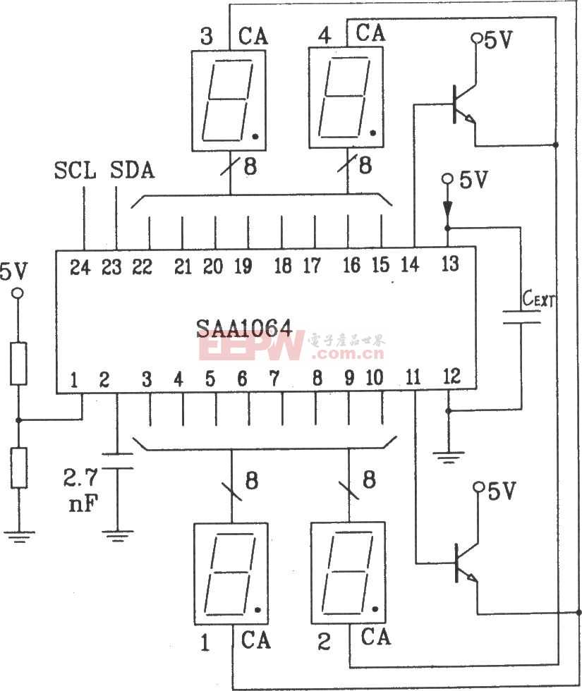 SAA1064串行I2C总线LED显示驱动集成电路动态驱动接口电路图