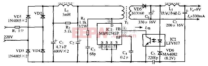 基于MIP0254SP芯片的微功耗集成开关电源电路