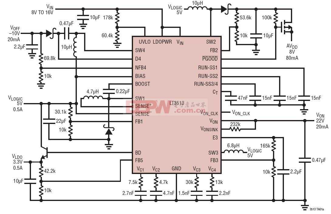 用于 TFT-LCD 屏的 5V 输出稳压器：5V / 0.5A、22V/20mA、-10V/20mA、3.3V/0.5A、8V/80mA