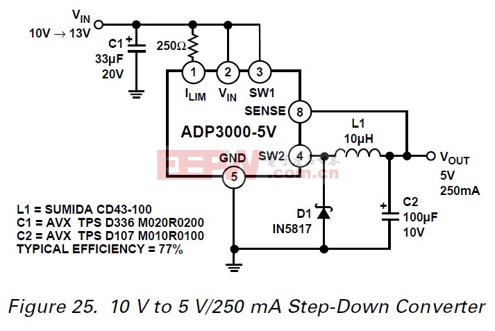ADP3000 10 V至5 V250 mA的降压转换器