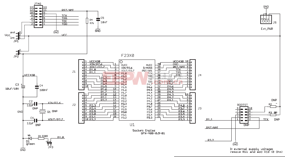 MSP-TS430QFN23x0 Target Socket Module, Schematic