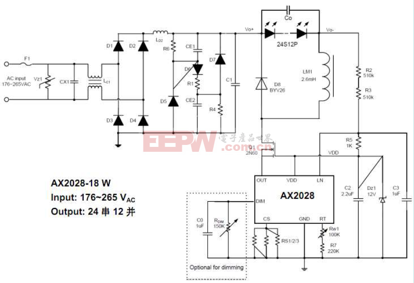 AX2028 85~265vAC输入led日光灯恒流驱动电路