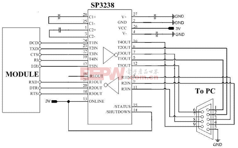 SP3238 RS232电平转换电路