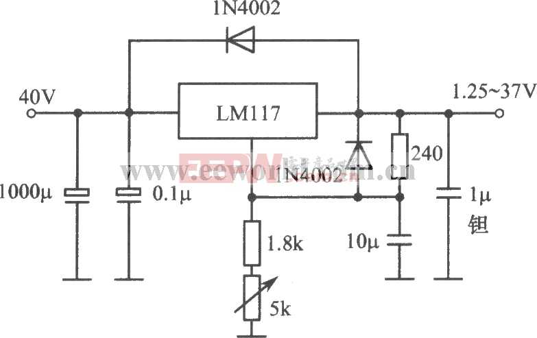 LM117构成的1.25～37V、1.5A可调稳压电源