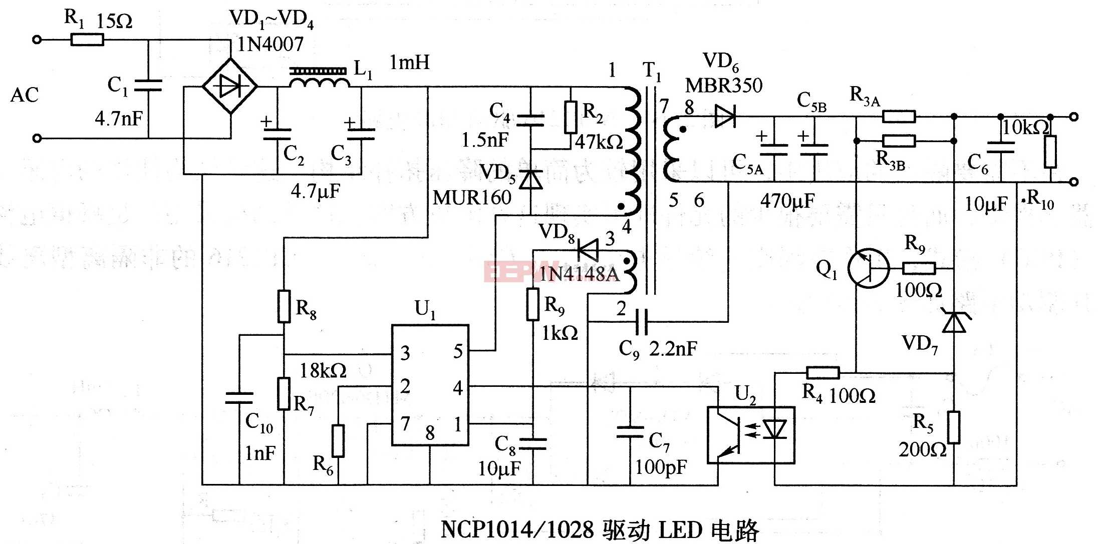 NCP1014 1028驱动LED电路