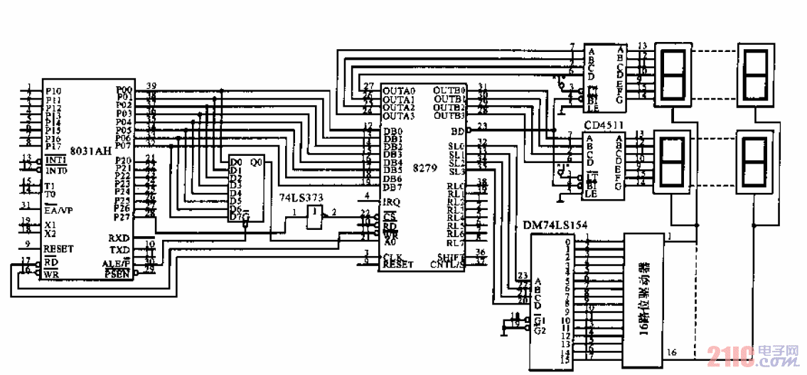 由8279芯片构成32位数码管显示驱动的电路