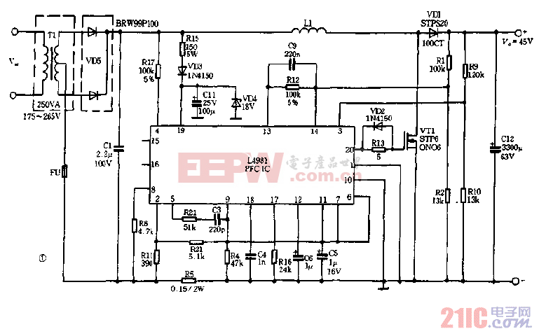 用电源变压器降压的PFC电路图