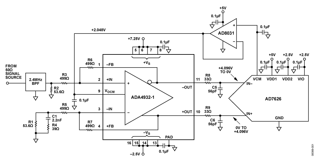 16位10 MSPS ADC AD7626的单端转差分高速驱动电路 (CN0105)