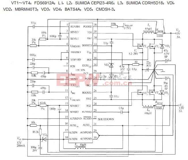 高效三输出电压5V／3.3V，12V／200mA电源电路(LTC1876)