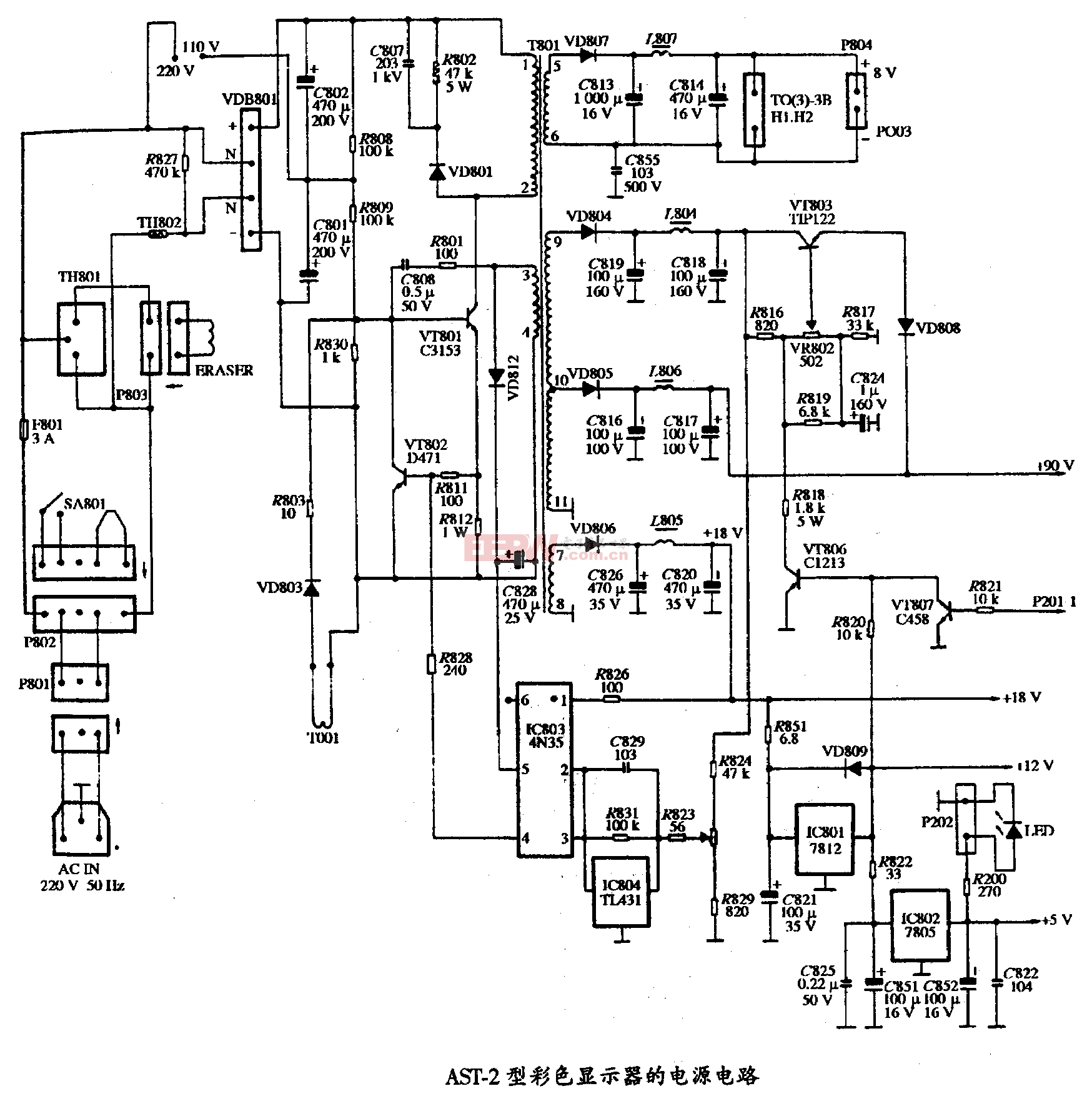 6、AST-2型彩色显示器的电源电路图