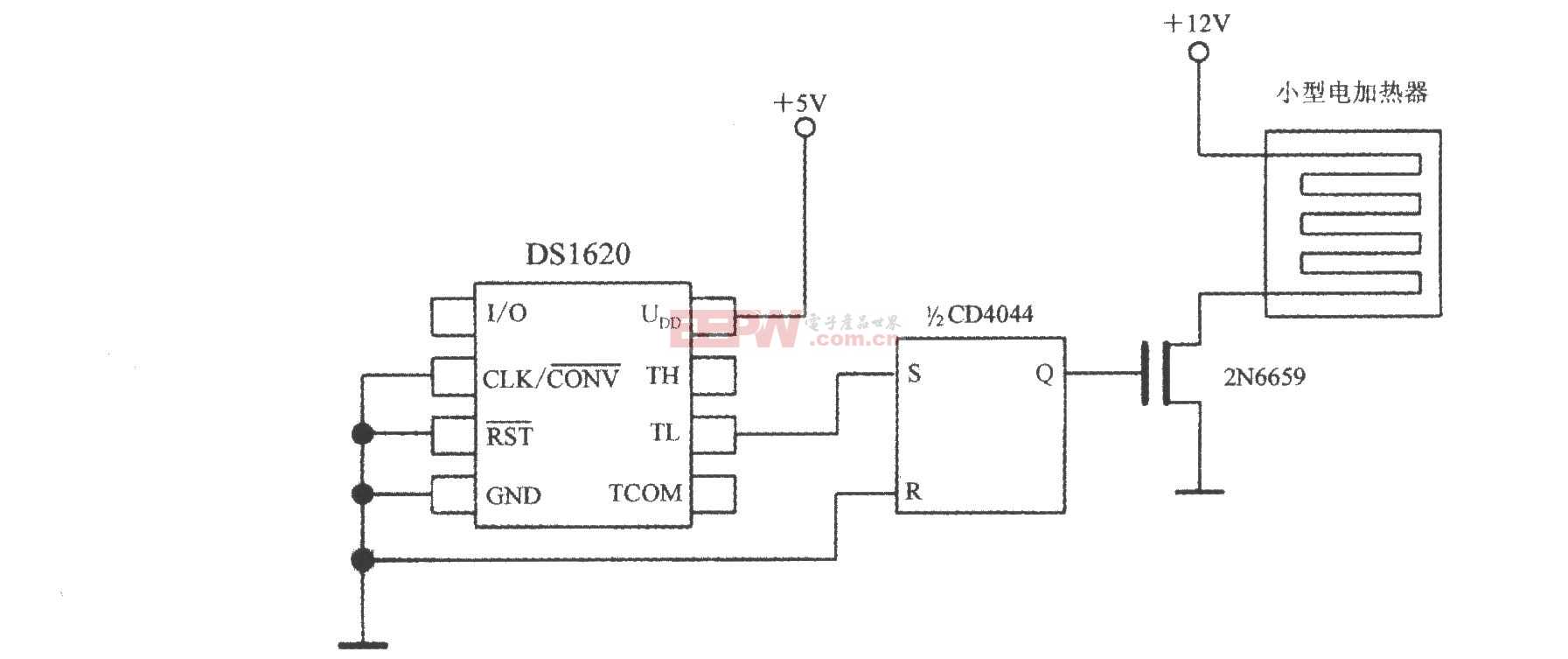 带三线串行接口智能温度传感器DS1620构成的小型电加热器的控温电路图