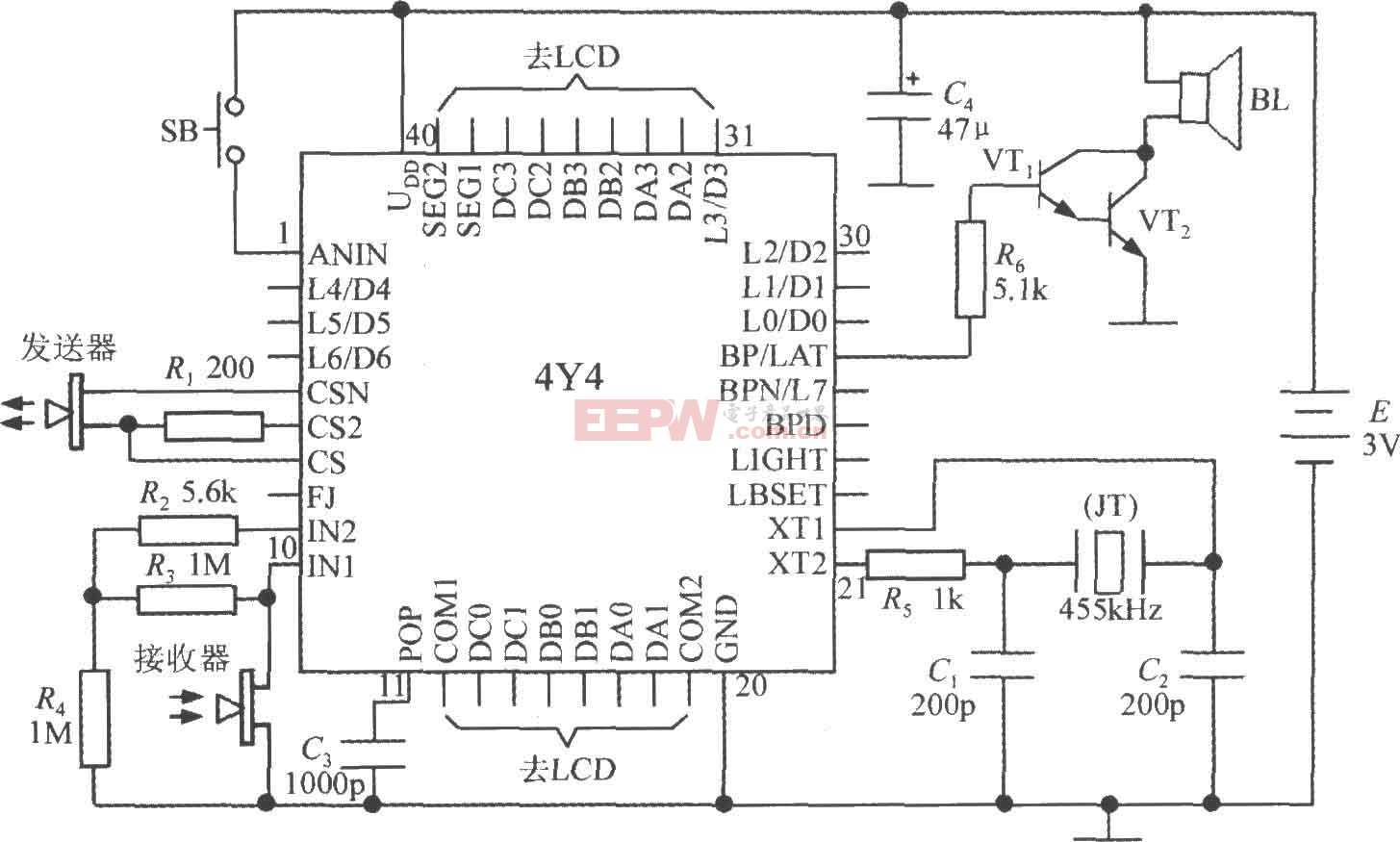 智能化超声波测距集成电路4Y4构成单片液晶显示测距仪电路图