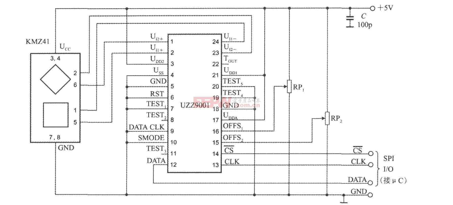 数字输出式角度传感器信号调理器UZZ9001的典型应用电路图