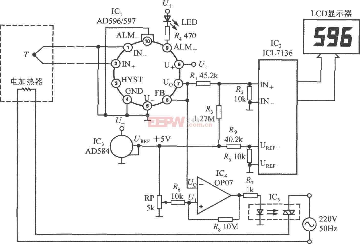 热电偶冷端温度补偿器AD596／597构成温度测控仪电路图
