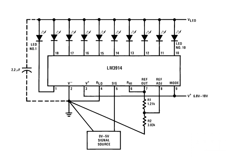 基于lm3914的音频电平led指示电路
