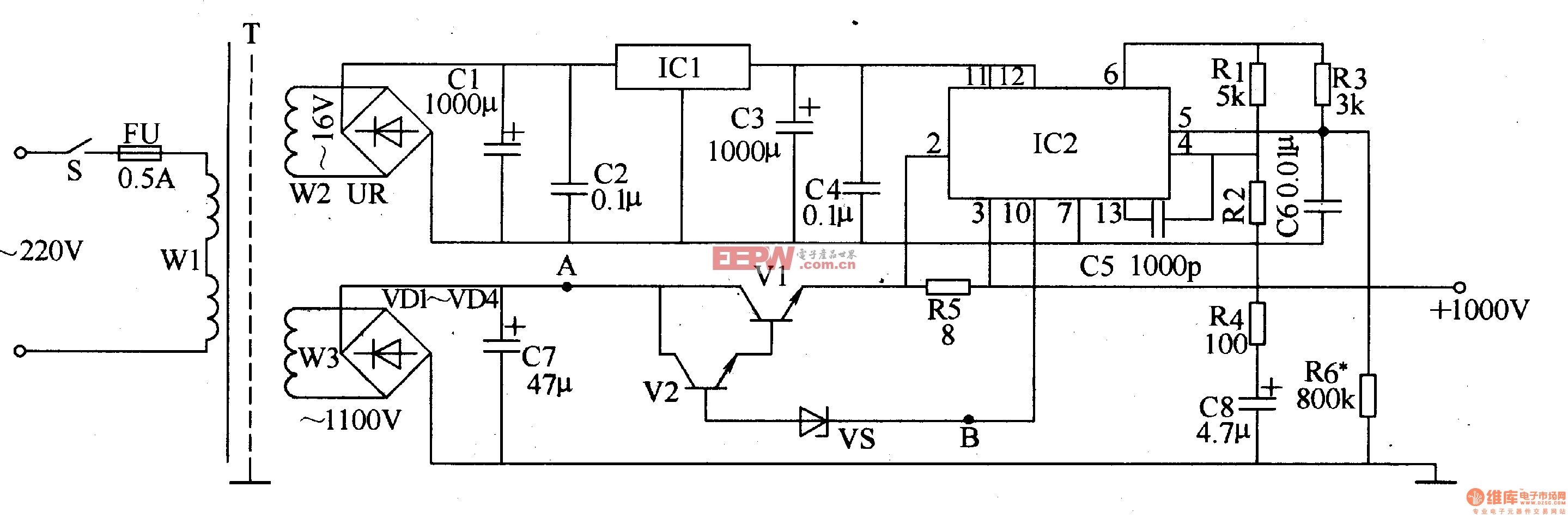 稳压电源电路,采用悬浮式调压方式,其输出电压为1000v,输出电流为1