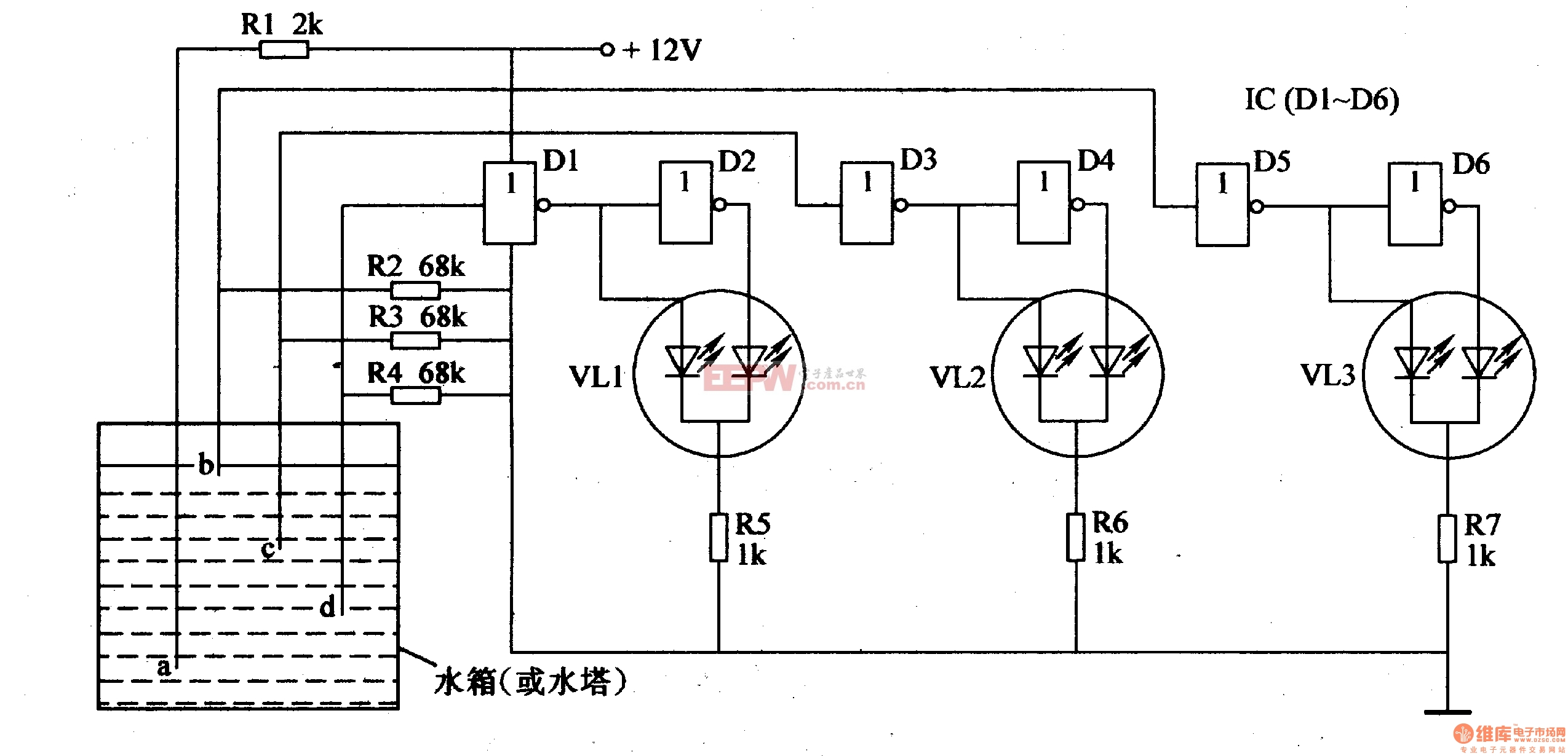 电路工作原理本例介绍一款采用cd4069数字集成电路制作的led水位指示
